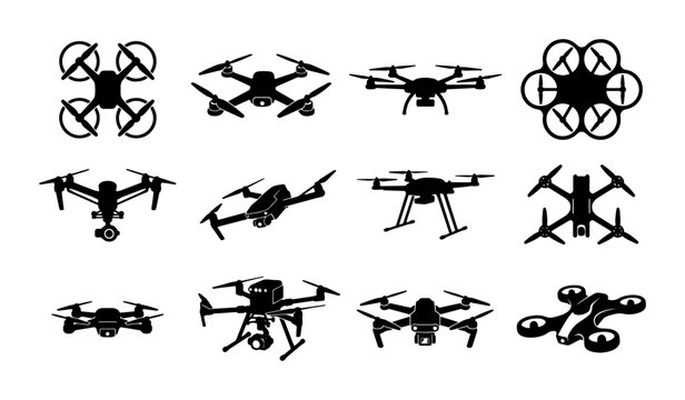 Drone silhouette icon set, 12 quadcopter and uav vector elements, black unmanned aerial vehicle symbols for technology and delivery logistics