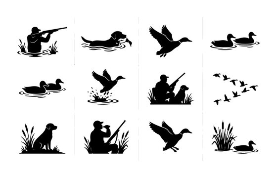 Duck hunting silhouettes set, 12 vector icons of hunters with dogs and waterfowl, black mallard bird and retriever dog graphics for outdoor sports