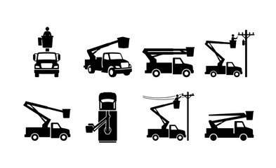 Bucket truck silhouette icons, utility service vehicle set with cherry picker lift, industrial boom truck vector collection for electrical maintenance © Nodi