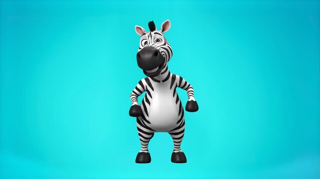 A charming 3D digital animation of a friendly cartoon zebra mascot standing and posing playfully against a solid mint green gradient background. Ideal for safari-themed children's content, funny anima