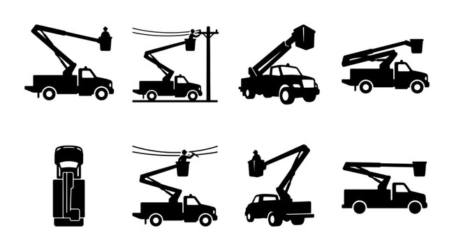 Bucket truck silhouette set, utility cherry picker vehicle icons, industrial lift truck vector collection for electrical maintenance and repair