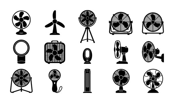 Electric fan icon set, 15 black silhouette cooling appliance vectors, household ventilation and air conditioning symbols for home and office