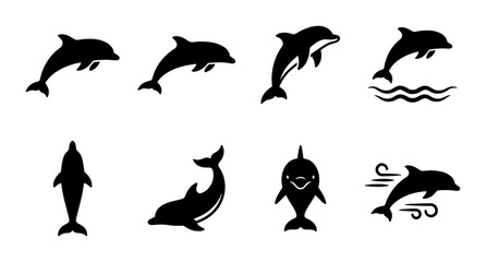 Dolphin silhouette icons set, black marine animal vector graphics, jumping sea mammal collection of 8 elements for aquatic branding and logo design © Nodi