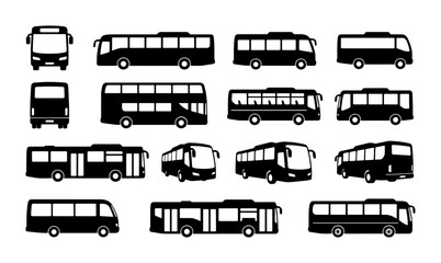 Public transport bus silhouettes set, 15 black vector icons of city shuttle and double decker bus, passenger vehicle transport collection for logistics © Nodi