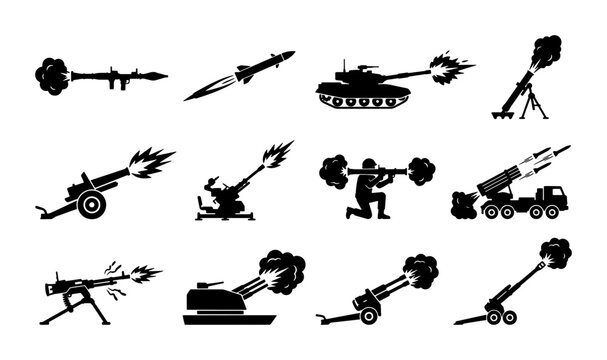 Military artillery and heavy weapon icons, black silhouette set of 12 combat vehicles and firing cannons, army warfare equipment vector illustrations