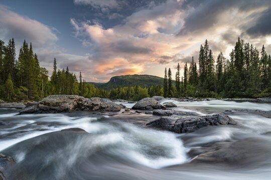 Rapids of the river Gamaj&aring;hk&aring;, evening mood, Kvikkjokk, Laponia, Norrbotten, Lapland, Sweden