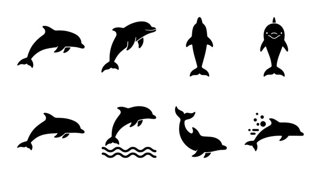 Dolphin silhouette icons set, marine animal vector collection with 8 jumping and swimming dolphins, black aquatic mammal shapes for ocean logos