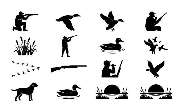 Duck hunting silhouette icons set, 16 vector elements of hunters and waterfowl, black mallard and retriever dog graphics for outdoor sports design