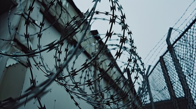The Russian flag flutters against the background of barbed wire, which is located on top of it