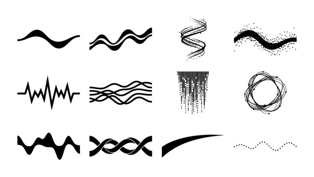 Abstract black wavy line set, 12 minimalist wave icons and organic brush strokes, decorative fluid motion elements for modern graphic design