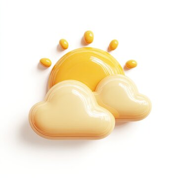 3D weather icon featuring a smiling sun behind two puffy clouds, casting a slight shadow
