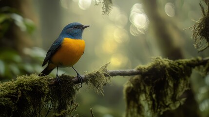 Naklejka premium Colorful bird perched on mossy branch in misty forest. Possible use Nature photography