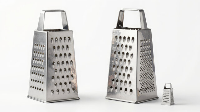 Two stainless steel graters in minimal studio composition presenting kitchen tools and practical food preparation concept