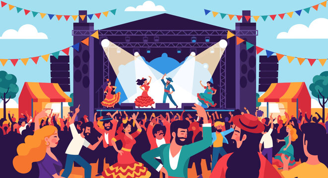 Vibrant festival crowd dancing at outdoor music event with colorful stage