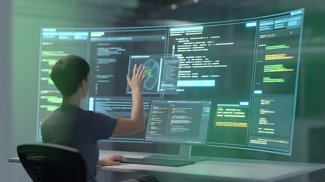 Developer using AI-powered code generation interface on virtual screen with programming scripts, data panels, and automation system. Concept of artificial intelligence software development. 