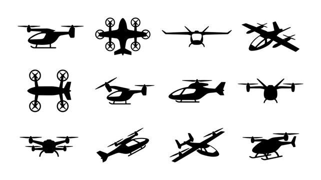 eVTOL aircraft silhouette icons, 12 electric vertical takeoff and landing vehicle vectors, futuristic urban air mobility and drone taxi transport set