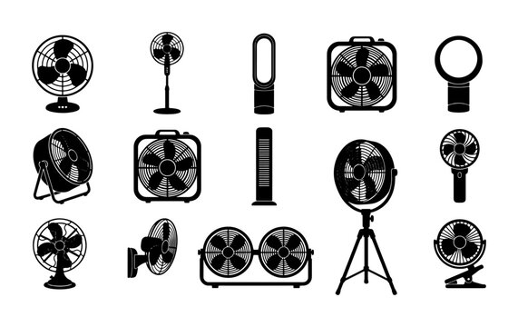 Electric fan icon set, black silhouette cooling appliance collection, 14 vector symbols of desk fans, tower fans, and industrial blowers for home and office ventilation