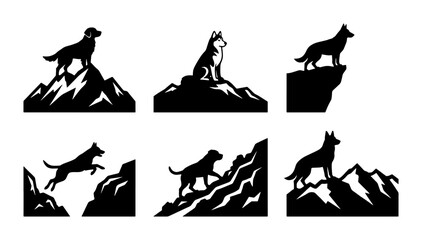 Minimalist dog silhouette collection on mountain peaks, black and white canine adventure vector set, 6 pet hiking and climbing icons © Jahangir