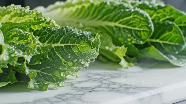 Fresh Romaine Lettuce Leaves with Water Droplets