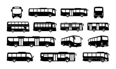 Bus silhouette icons set, public transport vehicle collection in black and white, 14 city bus and shuttle vector elements for logistics and travel © Jahangir