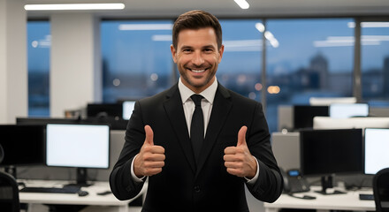 Fototapeta premium Professional man wearing a suit standing facing the camera while smiling and giving two thumbs up to the camera in a lighted office work space