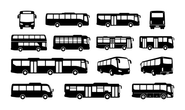 Bus silhouette icons set, public transport vehicle collection in black and white, 14 city bus and shuttle vector elements for logistics and travel