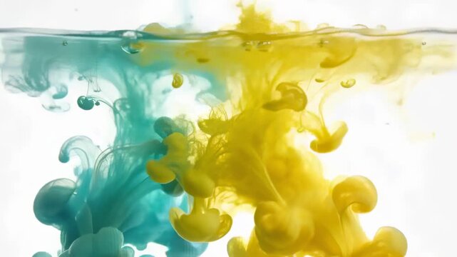 Dropping teal and yellow droplets, plumes forming and sinking in glass tank, surface line white-lit