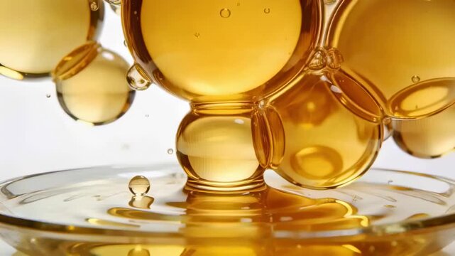 Pulling amber droplet cluster by gravity, narrowing neck to bowl, touching surface, making ripples