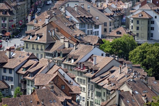 Streets and rows of houses, detail, view of Bern's old town, Bern, Canton of Bern, Switzerland