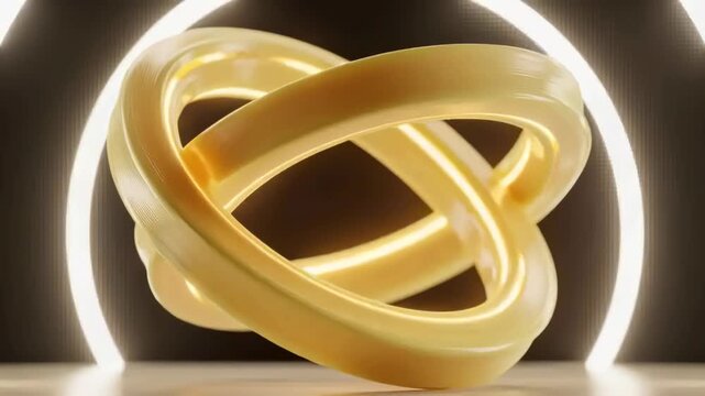 Rotating gold torus animation starting tilting revealing inner loops in studio arch for display