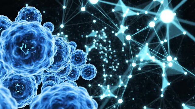 Abstract 3D rendering of glowing blue cells and network connections.