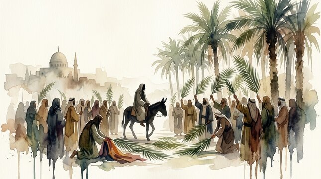 Palm Sunday depiction of Christ&rsquo;s triumphal entry into Jerusalem, featuring a silhouette of a man riding a donkey against a backdrop of palm trees, rendered as a watercolor illustration.