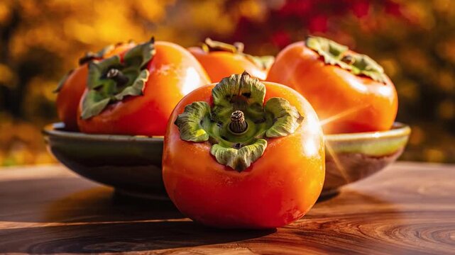 Four Sweet Orange Persimmons in a Bowl on Wood
