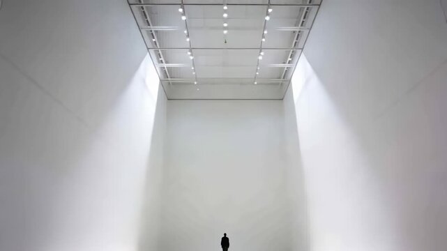 Pulling back camera revealing man in coat at wall in gallery, emphasizing scale with lighting grid