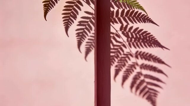 Throwing fern fronds casting leaf shadows on pale pink wall indoors by divider as sunlight shifts