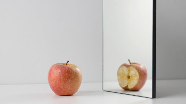 Fresh red apple with mirrored reflection in clean neutral studio scene showing whole and sliced fruit for healthy food concept presentation