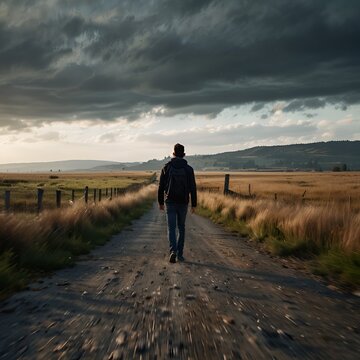 Person walking against strong wind, tracking shot style, outdoor scene, motion blur effect, dynamic composition
