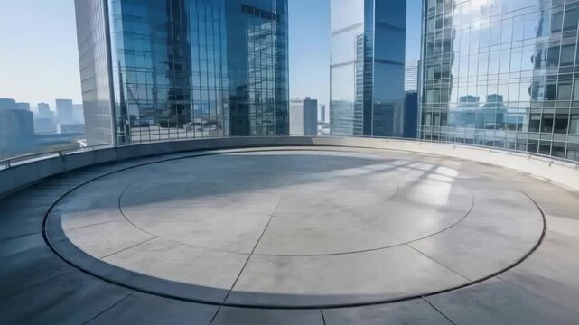 Recording camera on rooftop filming helipad while sunlight shifting, showing time, railing, towers