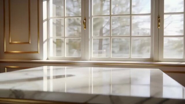 Pulling back camera revealing marble countertop at home to show multi-pane window and gold trim