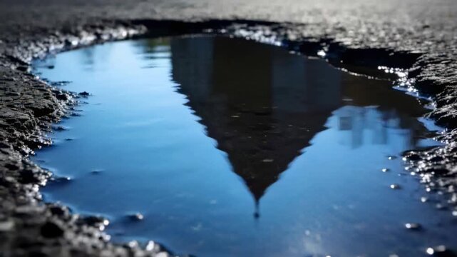 Focusing camera capturing spire reflection in asphalt puddle, ripples sharpening and revealing tip