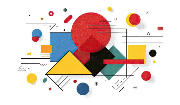 Abstract geometric shapes in primary colors, floating against a white background