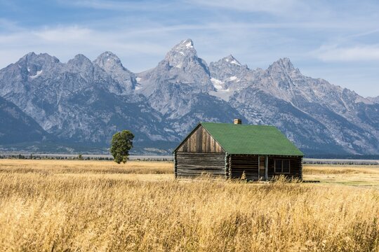 Old barn in front of the Teton Range mountain range, Mormon Row Historic District, Grand Teton National Park, Wyoming, USA