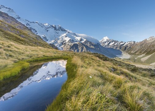 Reflection in Mountain Lake, Mount Cook, Sealy Tarns, Hooker Valley, Mount Cook National Park, Southern Alps, Canterbury, South Island, New Zealand