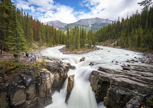 Waterfall Sunwapta Falls, at Icefields Parkway, Sunwapta River, Jasper National Park, Rocky Mountains, Alberta, Canada