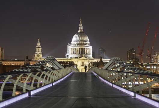 Millenium Bridge and St Paul's Cathedral by night, London, England, Great Britain