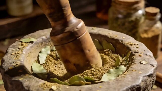 Pressing wooden pestle touching spice crushing bay leaves in mortar on bench grinding into powder
