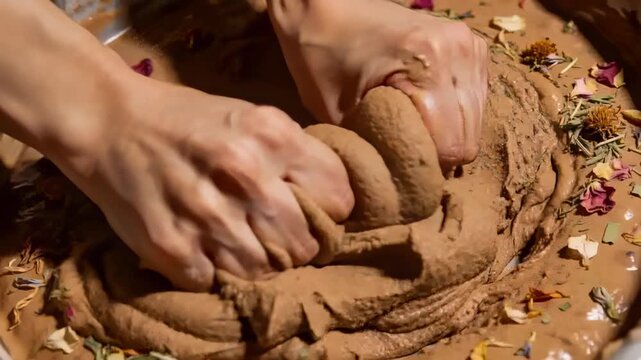 Pressing bare hands sculpting brown paste in metal bowl on table, forming grooves with dried petals
