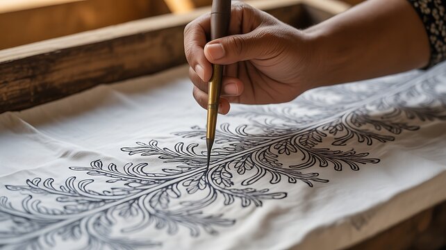 Person's hand is tracing design the pattern of batik tulis cloth using Canting. 