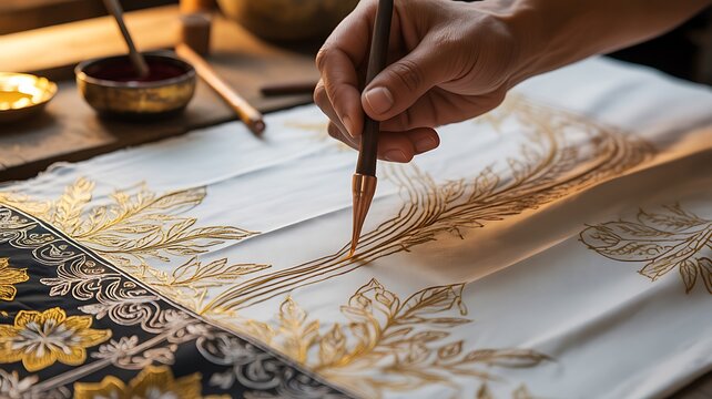 Person's hand is tracing design the pattern of batik tulis cloth using Canting. 