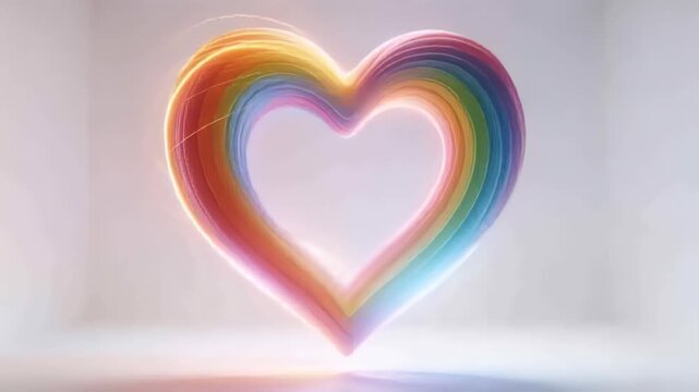 Pulsing color ribbon heart in white room gold light winding into column shrinking landing on floor
